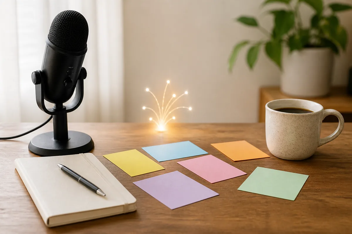 Micro, carnet, café et cartes d’idées pour écrire des blagues en une ligne avec l’IA