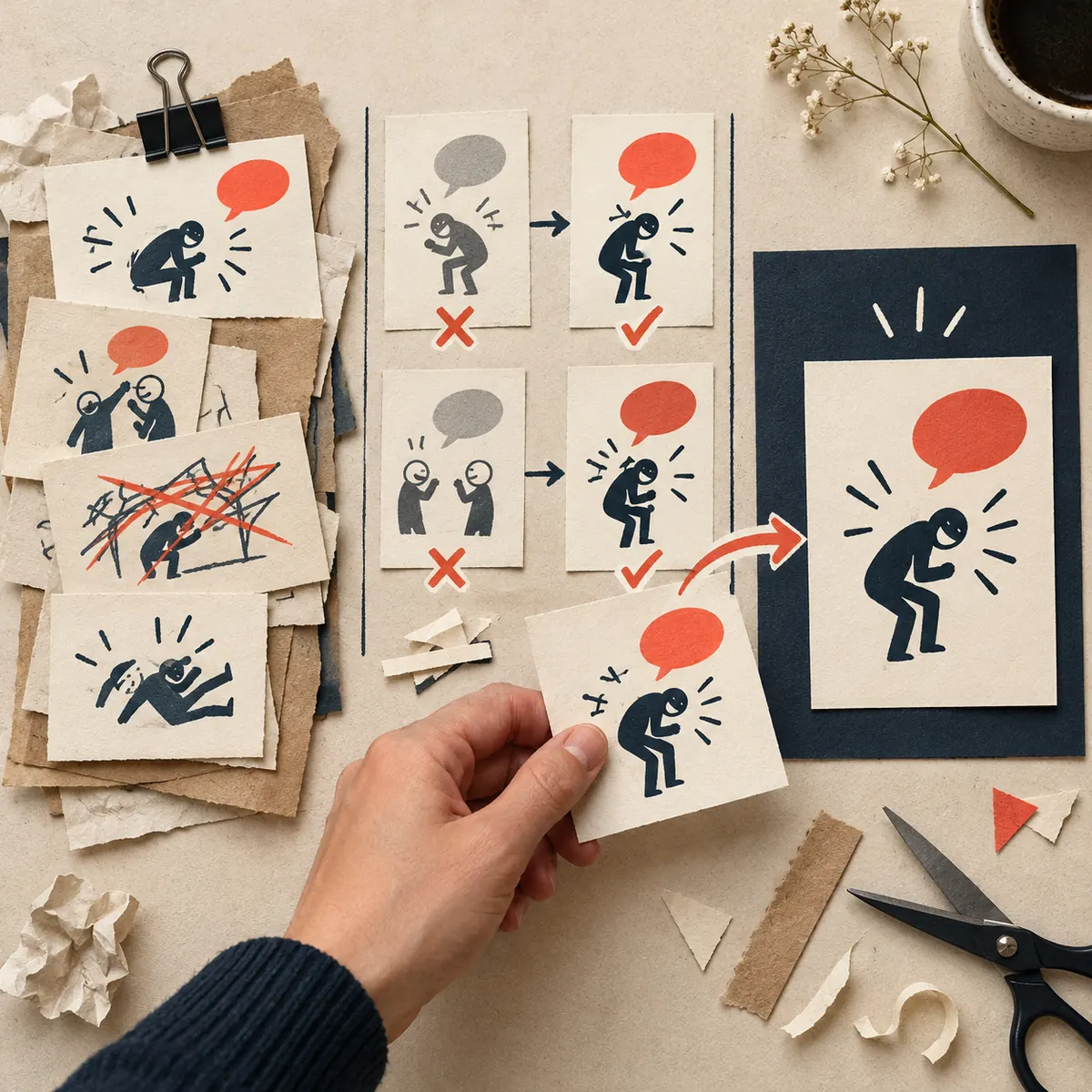 Editorial punch-up workflow showing a joke moving from a rough draft to a clearer punchline